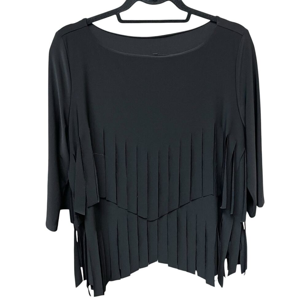 IC by Connie K Black Fringe 3/4 Sleeve Stretch Top Womens XL Boho Chic